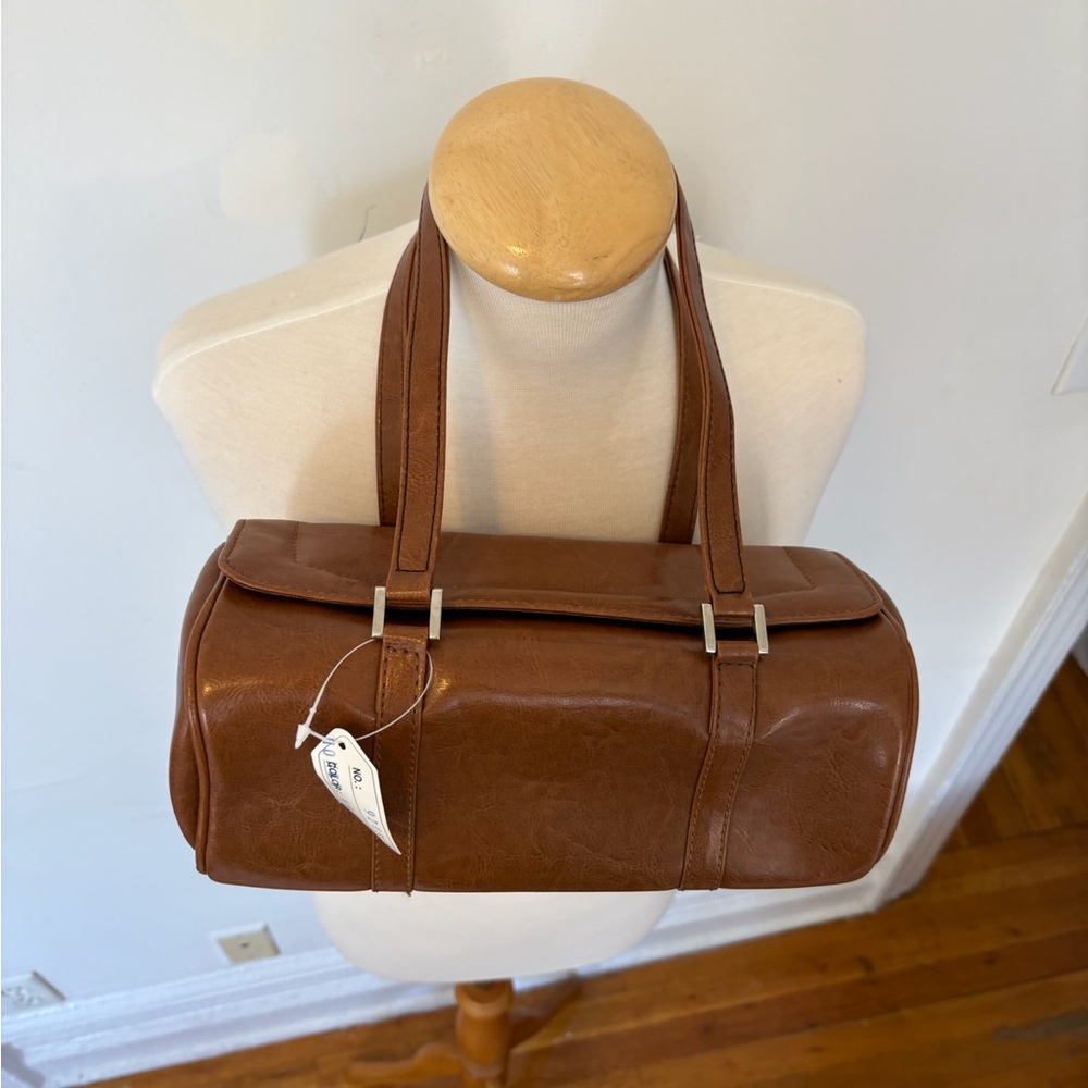 Vintage Cognac Brown Barrel Cylinder Shoulder Bag Set w Matching Wallet Y2K